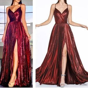 PLUS Cinderella Divine‎ Stunning Red Metallic Pleated High Slit Corset Back Gown